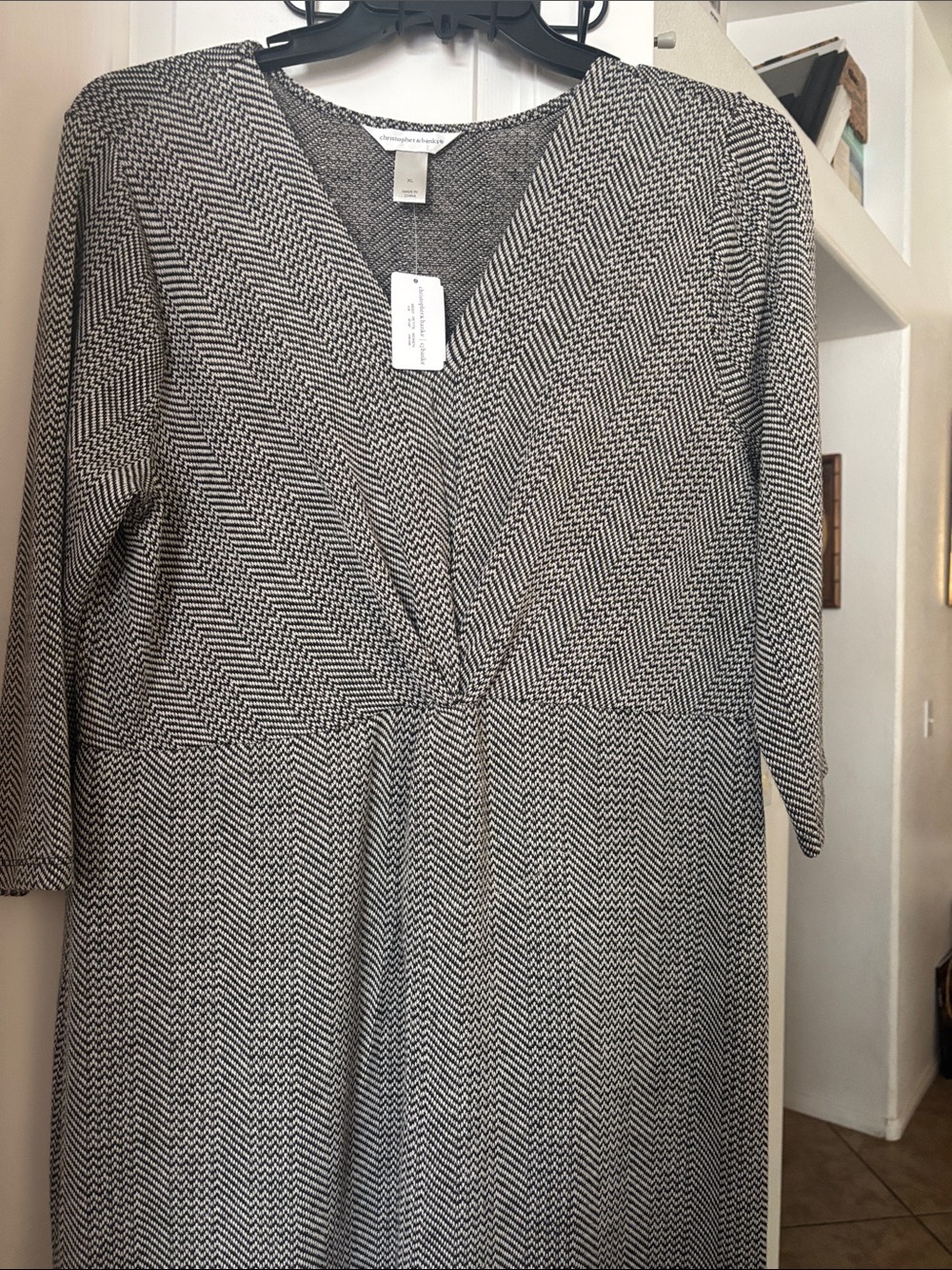 Christopher& Banks Black and White Chevron V-Neck Twist Front Dress
